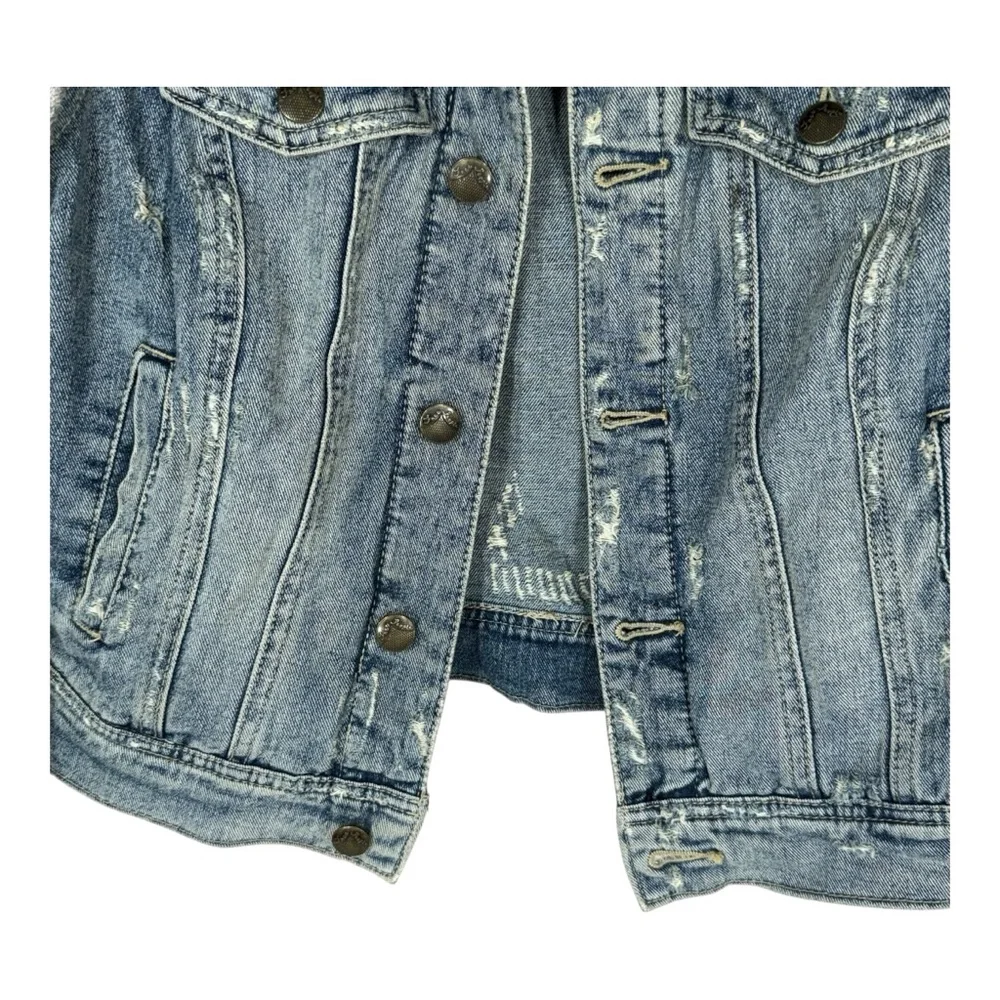 Free People Distressed Denim Jean Jacket With Gray Knit Long Sleeves Size XS - Picture 7 of 13